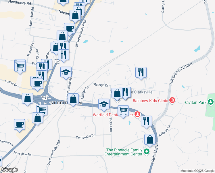 map of restaurants, bars, coffee shops, grocery stores, and more near 299 Raleigh Drive in Clarksville