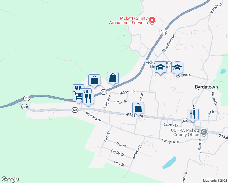 map of restaurants, bars, coffee shops, grocery stores, and more near 8542 Tennessee 111 in Byrdstown