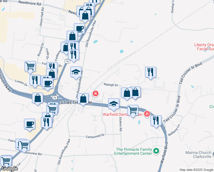 map of restaurants, bars, coffee shops, grocery stores, and more near 284 Raleigh Drive in Clarksville