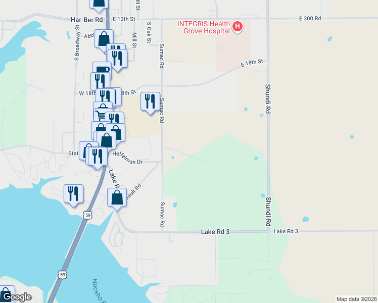 map of restaurants, bars, coffee shops, grocery stores, and more near 2029 Sumac Road in Grove