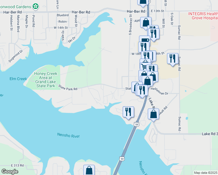 map of restaurants, bars, coffee shops, grocery stores, and more near 408 State Park Road in Grove