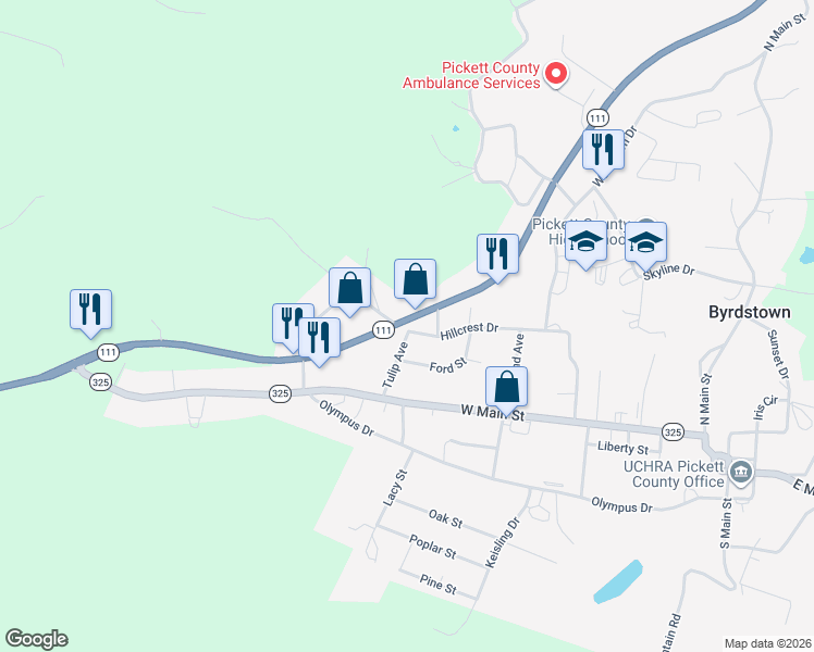 map of restaurants, bars, coffee shops, grocery stores, and more near 514 Hillcrest Drive in Byrdstown