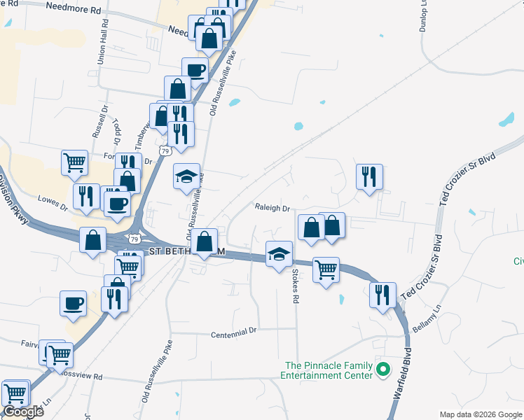map of restaurants, bars, coffee shops, grocery stores, and more near 2311 Raleigh Court in Clarksville