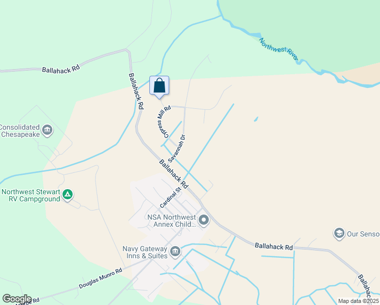 map of restaurants, bars, coffee shops, grocery stores, and more near 3945 Savannah Drive in Chesapeake