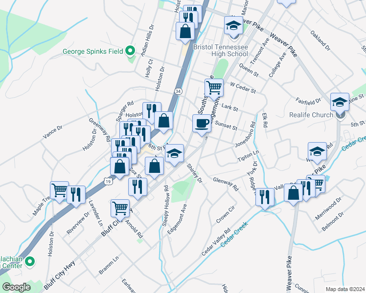 map of restaurants, bars, coffee shops, grocery stores, and more near 1908 Southside Ave in Bristol