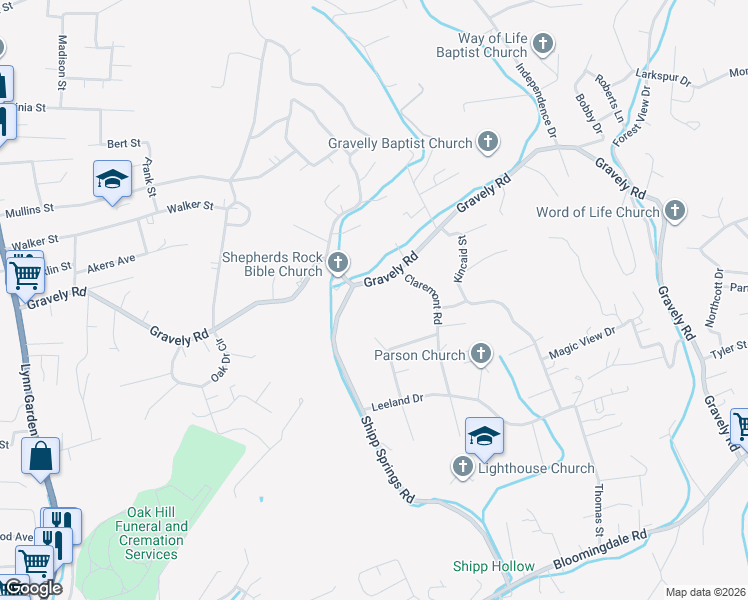 map of restaurants, bars, coffee shops, grocery stores, and more near 540 Gravely Road in Kingsport