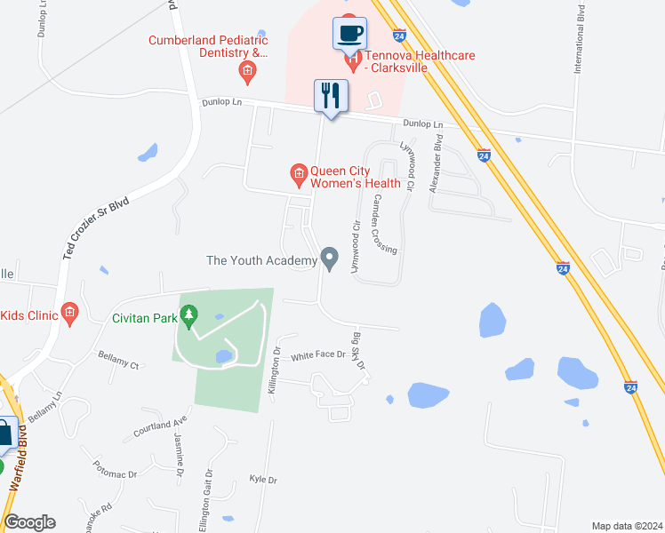 map of restaurants, bars, coffee shops, grocery stores, and more near 901 Professional Park Drive in Clarksville