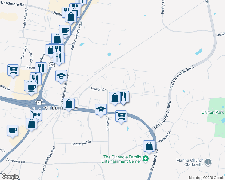 map of restaurants, bars, coffee shops, grocery stores, and more near 194 Cedarbend Road in Clarksville