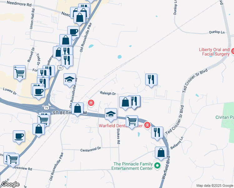 map of restaurants, bars, coffee shops, grocery stores, and more near 299 Raleigh Drive in Clarksville