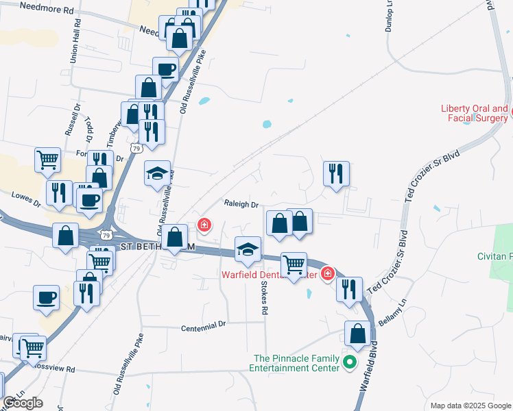 map of restaurants, bars, coffee shops, grocery stores, and more near 299 Raleigh Drive in Clarksville