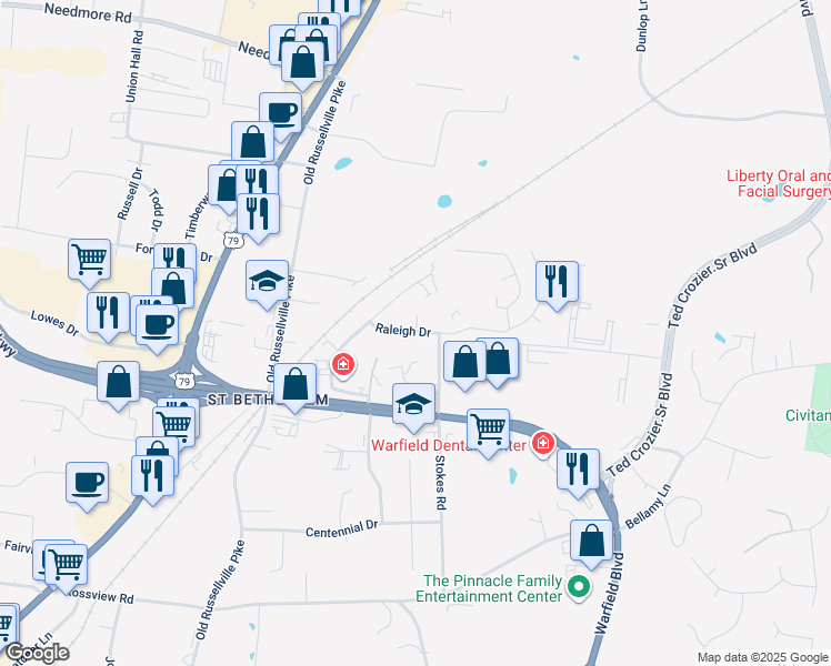 map of restaurants, bars, coffee shops, grocery stores, and more near 299 Raleigh Drive in Clarksville