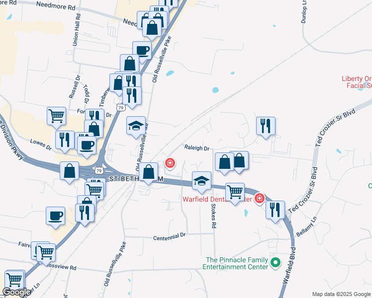map of restaurants, bars, coffee shops, grocery stores, and more near 2311 Raleigh Court in Clarksville