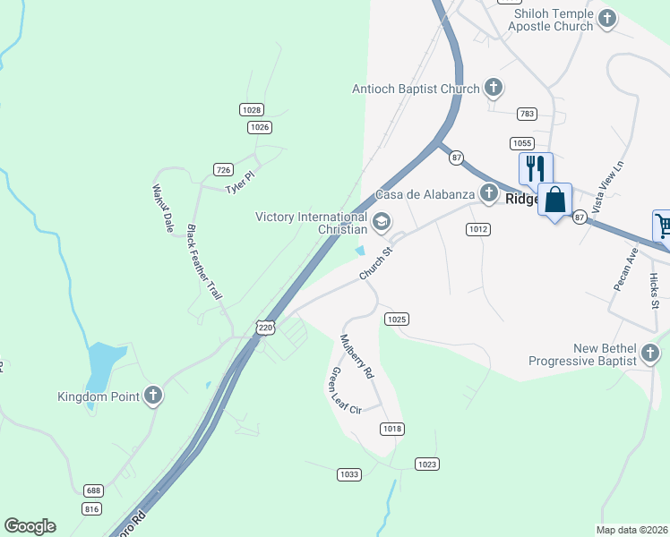 map of restaurants, bars, coffee shops, grocery stores, and more near 200-456 Church Street in Ridgeway
