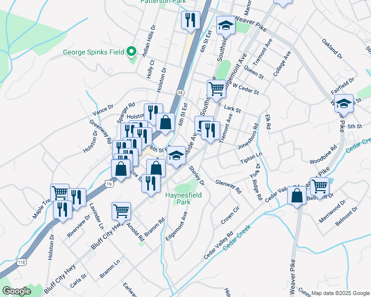 map of restaurants, bars, coffee shops, grocery stores, and more near 1908 Southside Ave in Bristol