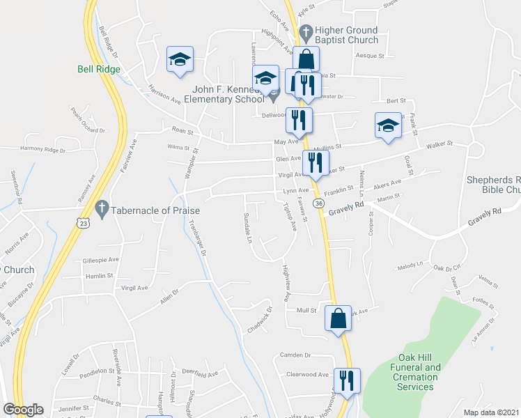 map of restaurants, bars, coffee shops, grocery stores, and more near 320 Delaware St in Kingsport