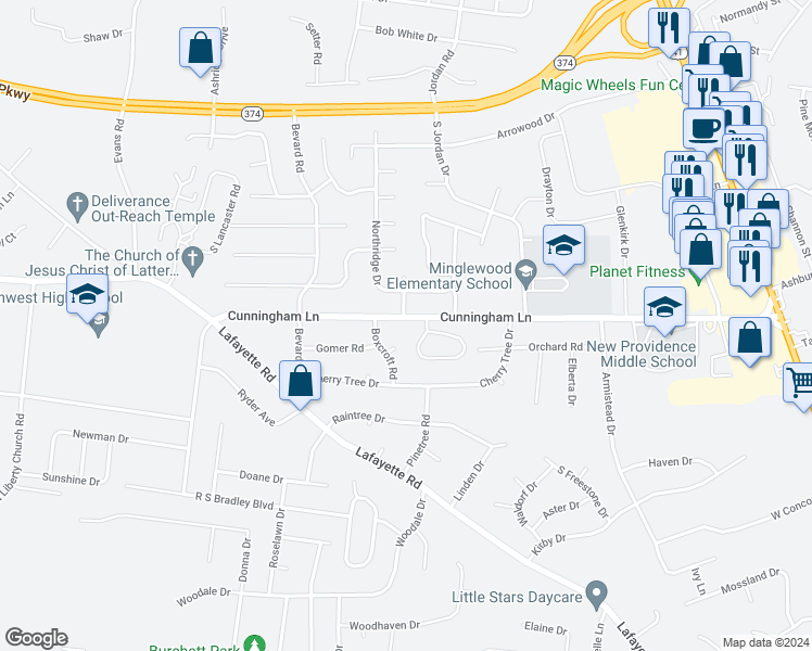 map of restaurants, bars, coffee shops, grocery stores, and more near 290 Cunningham Lane in Clarksville