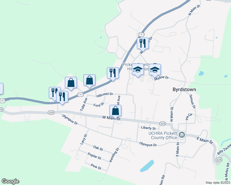 map of restaurants, bars, coffee shops, grocery stores, and more near 306 Hillcrest Drive in Byrdstown