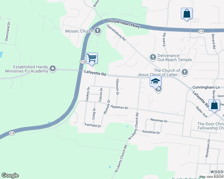 map of restaurants, bars, coffee shops, grocery stores, and more near 527 Caskey Drive in Clarksville