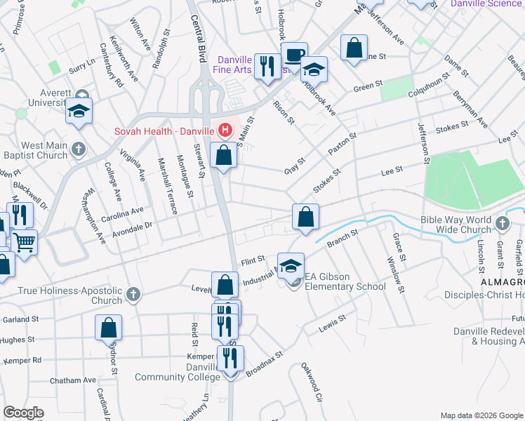 map of restaurants, bars, coffee shops, grocery stores, and more near 1234 Stokes Street in Danville