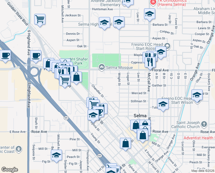 map of restaurants, bars, coffee shops, grocery stores, and more near 2320 Stillman Street in Selma