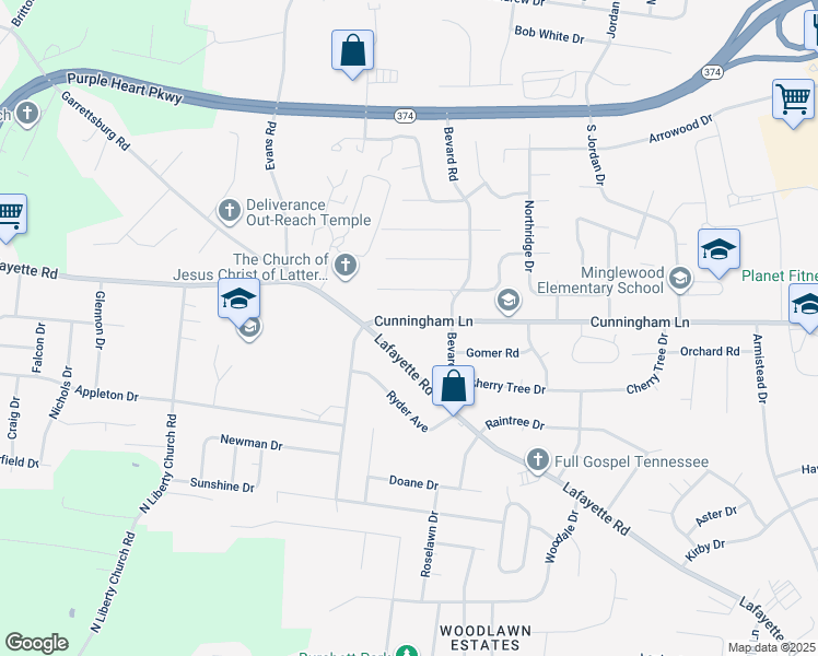 map of restaurants, bars, coffee shops, grocery stores, and more near 330 Cunningham Lane in Clarksville