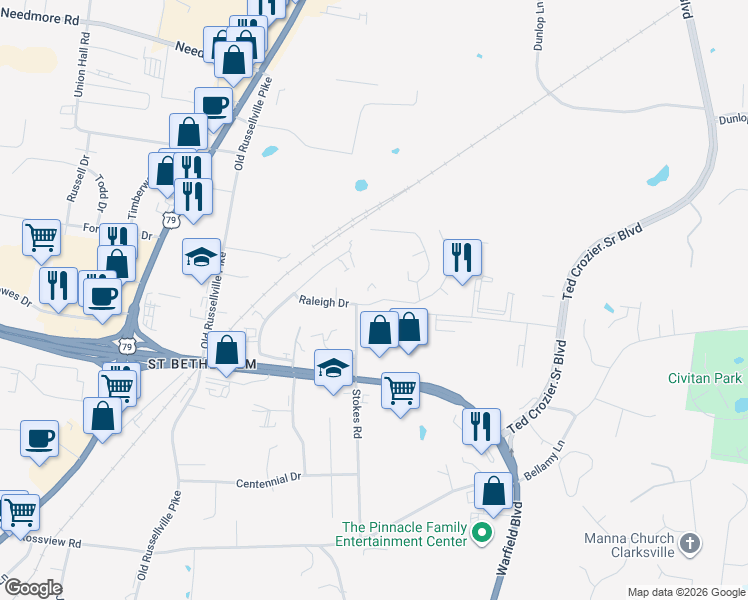 map of restaurants, bars, coffee shops, grocery stores, and more near 194 Cedarbend Road in Clarksville
