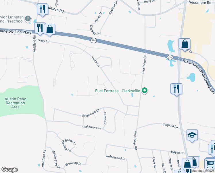 map of restaurants, bars, coffee shops, grocery stores, and more near 584 Tracy Lane in Clarksville