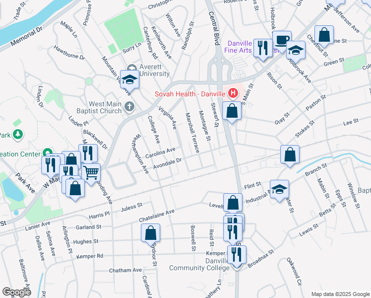 map of restaurants, bars, coffee shops, grocery stores, and more near 128-298 Virginia Ave in Danville