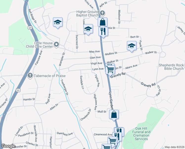 map of restaurants, bars, coffee shops, grocery stores, and more near 1040 Tiptop Avenue in Kingsport