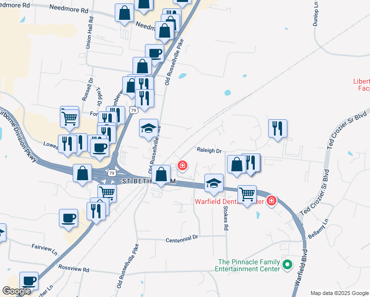 map of restaurants, bars, coffee shops, grocery stores, and more near 2304 Raleigh Court in Clarksville