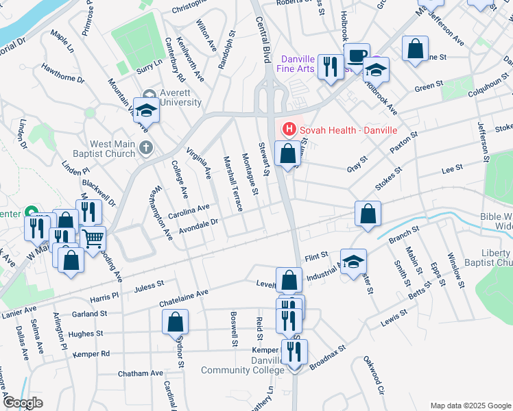 map of restaurants, bars, coffee shops, grocery stores, and more near 200 Watson Street in Danville