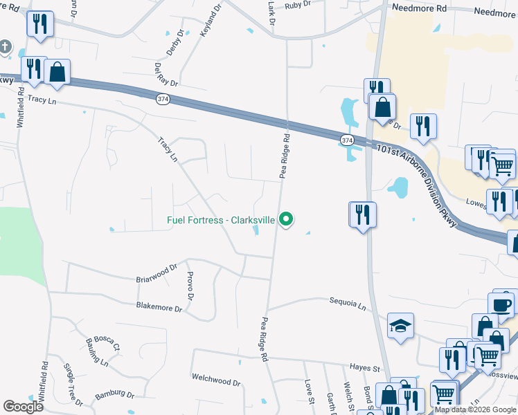 map of restaurants, bars, coffee shops, grocery stores, and more near 2326 Button Drive in Clarksville