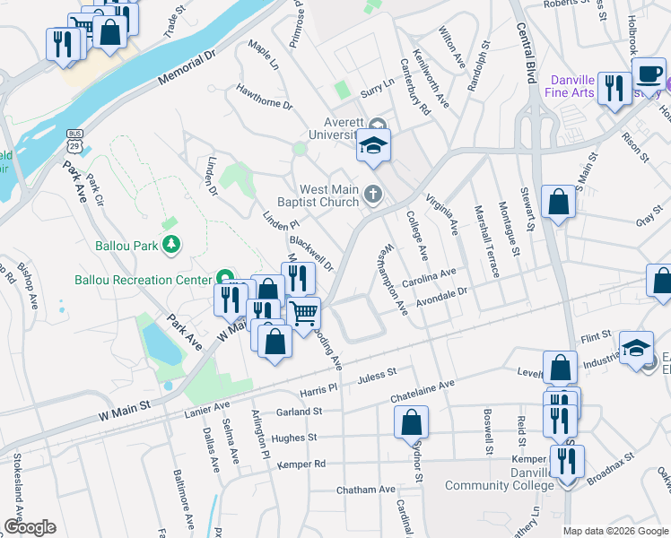 map of restaurants, bars, coffee shops, grocery stores, and more near 524 West Main Street in Danville
