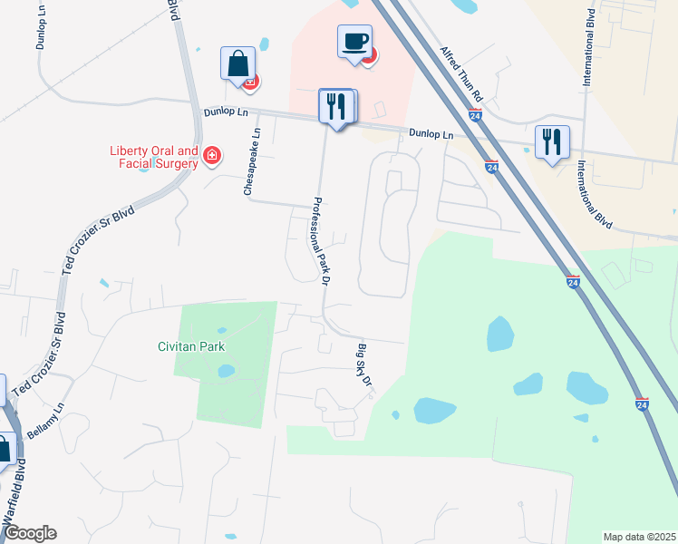 map of restaurants, bars, coffee shops, grocery stores, and more near 901 Professional Park Drive in Clarksville