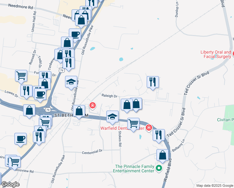 map of restaurants, bars, coffee shops, grocery stores, and more near 299 Raleigh Drive in Clarksville