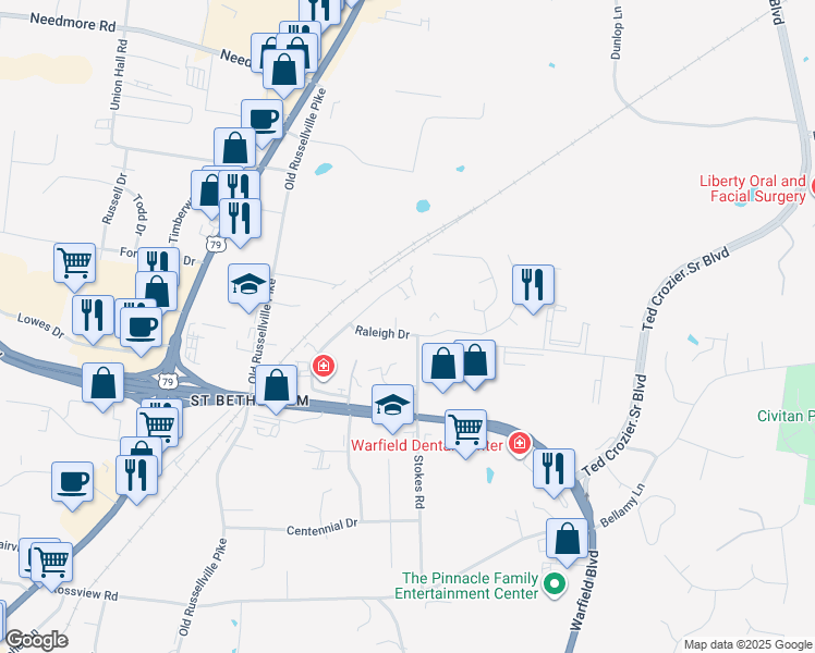 map of restaurants, bars, coffee shops, grocery stores, and more near 299 Raleigh Drive in Clarksville