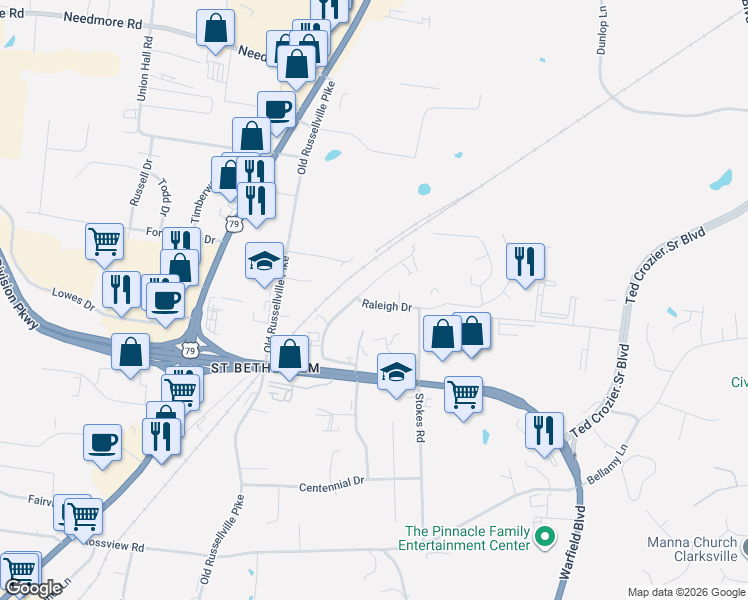 map of restaurants, bars, coffee shops, grocery stores, and more near 2311 Raleigh Court in Clarksville