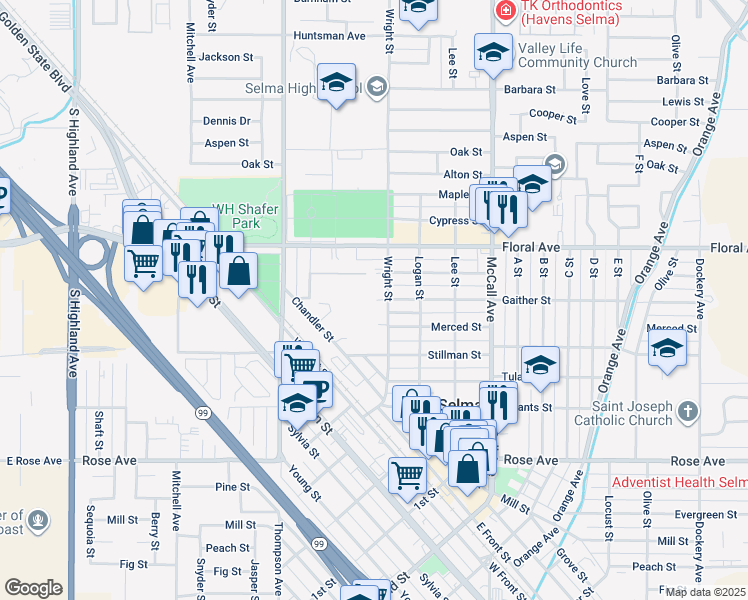 map of restaurants, bars, coffee shops, grocery stores, and more near 2805-1/2 Wright Street in Selma