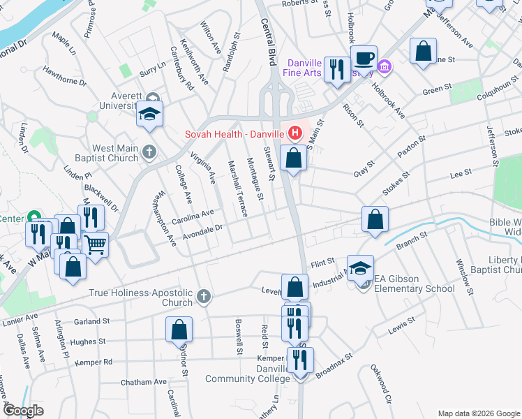 map of restaurants, bars, coffee shops, grocery stores, and more near 130 Watson Street in Danville