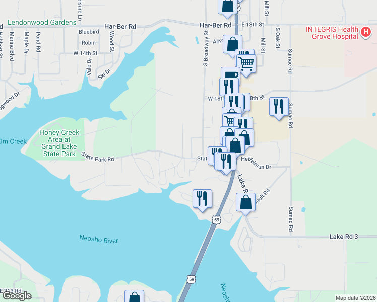 map of restaurants, bars, coffee shops, grocery stores, and more near 2120 South Spring Street in Grove