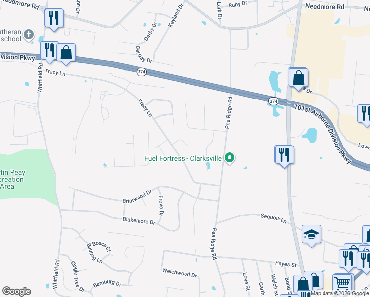 map of restaurants, bars, coffee shops, grocery stores, and more near 2322 Spike Court in Clarksville