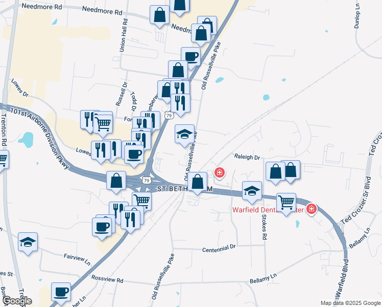 map of restaurants, bars, coffee shops, grocery stores, and more near 2450 Old Russellville Pike in Clarksville