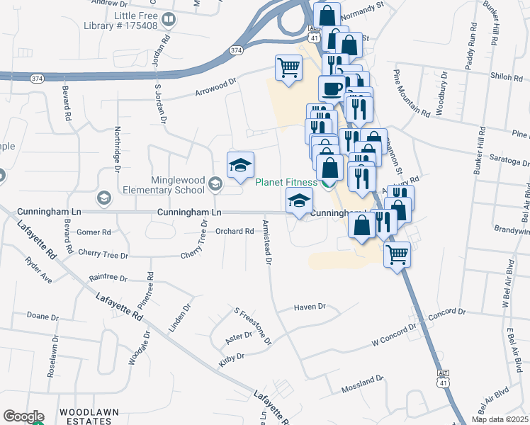 map of restaurants, bars, coffee shops, grocery stores, and more near 199 Cunningham Lane in Clarksville