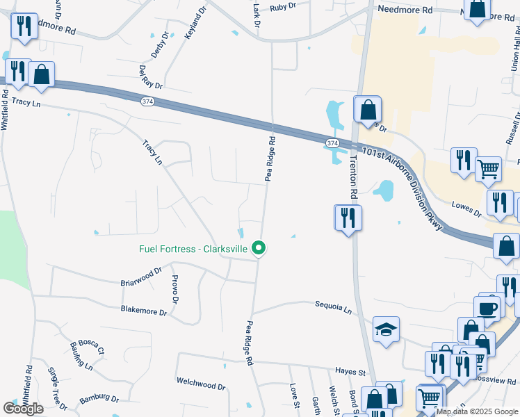 map of restaurants, bars, coffee shops, grocery stores, and more near 2340 Pea Ridge Road in Clarksville