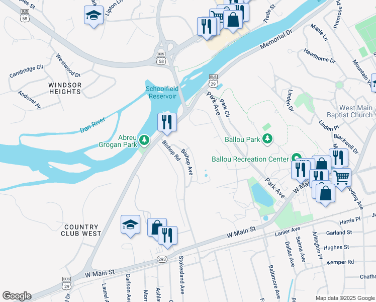map of restaurants, bars, coffee shops, grocery stores, and more near 102 Bishop Avenue in Danville