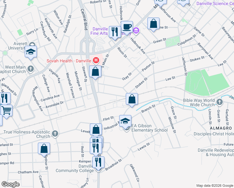 map of restaurants, bars, coffee shops, grocery stores, and more near 1234 Stokes Street in Danville