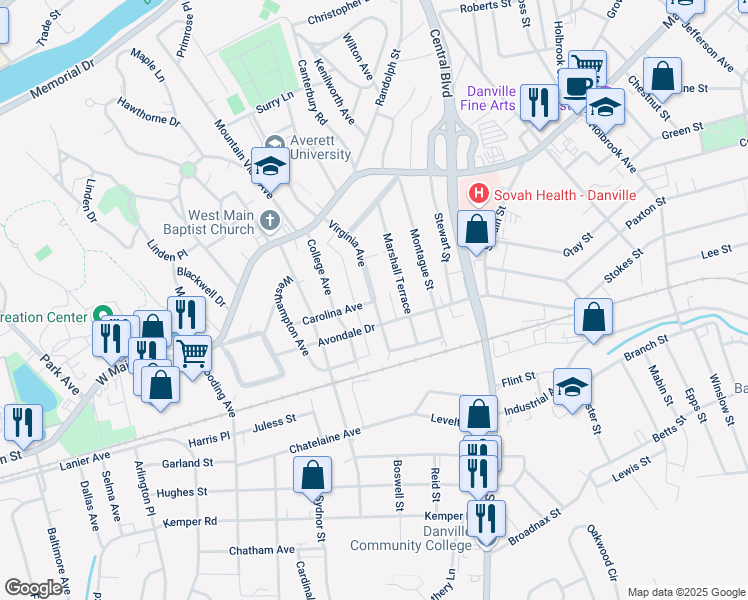 map of restaurants, bars, coffee shops, grocery stores, and more near 298 Virginia Ave in Danville