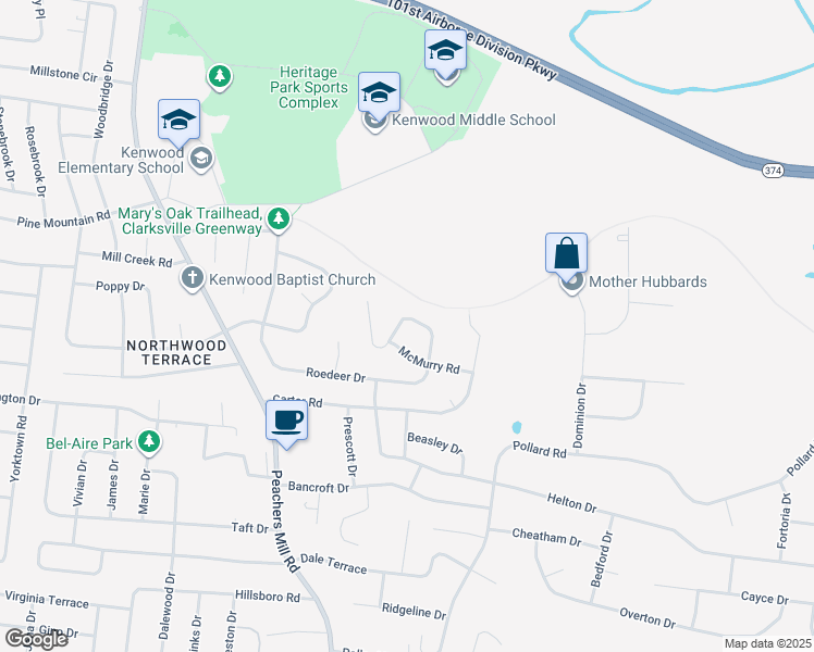 map of restaurants, bars, coffee shops, grocery stores, and more near 947 Roedeer Dr in Clarksville