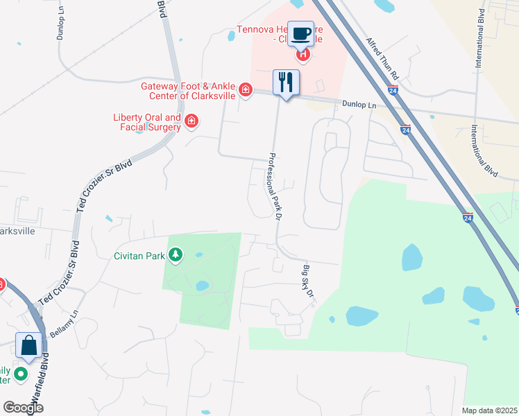 map of restaurants, bars, coffee shops, grocery stores, and more near 900 Professional Park Drive in Clarksville