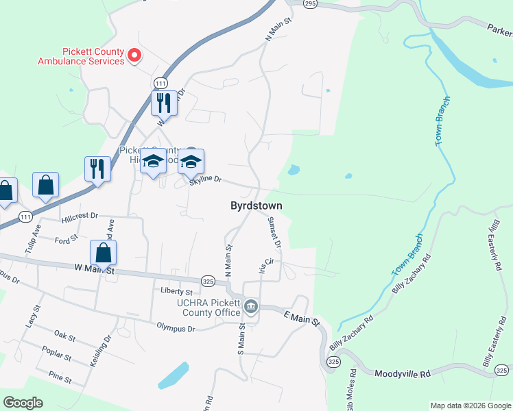 map of restaurants, bars, coffee shops, grocery stores, and more near in Byrdstown